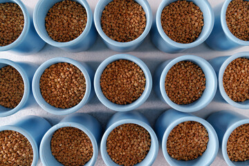 Buckwheat in a bowls on light background, top view.