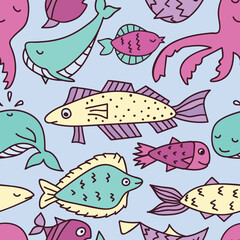 Seamless pattern with shoals of fish. Print for textile, covers, surface. For fashion fabric. Marine pattern