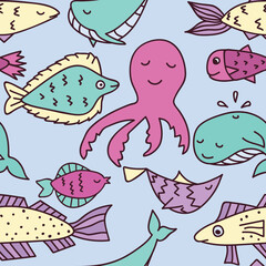 Seamless pattern with shoals of fish. Print for textile, covers, surface. For fashion fabric. Marine pattern