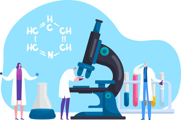Scientists research in chemical or medical lab concept, vector illustration. Science, chemistry, biology, pharmacy and scientifical.