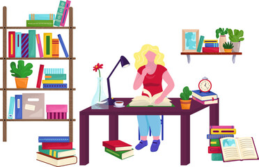 Room with girl reading book in room vector illustration. Female student reads book, studying at home. Learning and knowledge.