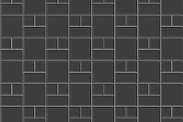 Black tile mosaic background. Kitchen backsplash surface. Bathroom, shower or toilet floor decoration. Pavement texture. Stone or ceramic brick wall seamless pattern. Vector flat illustration