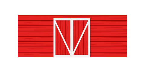 Red wooden door on barn wall. Front view. Element of American farm warehouse building isolated on white background. Vector cartoon illustration. © vikusha_art