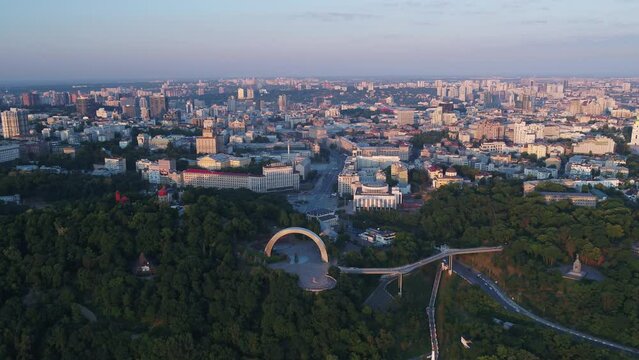 Ukraine. Kyiv. City center. Administrative region. Dnepr River. Aerial. Summer. Dawn