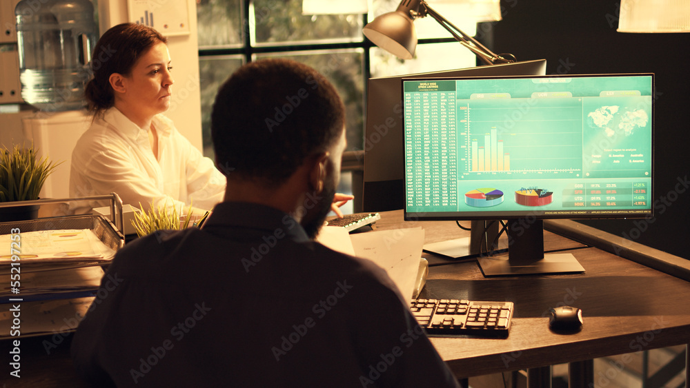 Poster african american man working with company shares and sales on computer, planning corporate presentat