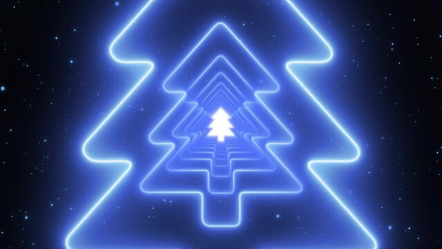 Blue Neon Lights Christmas Tree Tunnel Glow Particles Moving Loop Background