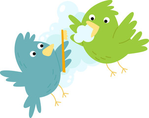 Cute birds brush teeth flat icon Funny cartoon birdie
