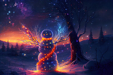 Stylized snowman shrouded in Christmas lights against the backdrop of a winter landscape, festive fairy tale atmosphere
generative AI