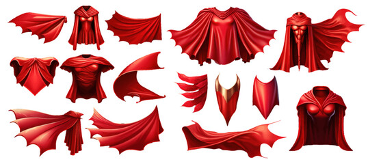 Superhero red cape isolated scarlet fabric silk cloak in different position isolated on a white background. Vector illustration - obrazy, fototapety, plakaty