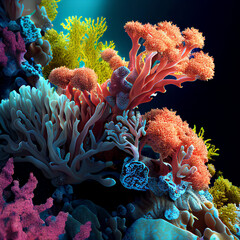 Naklejka na ściany i meble Coral reef in ocean made by AI. 3D colorful corals and anemones in tropical sea