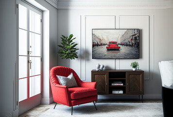 Red armchair and sofa in the living room with white wall mounted television on a cabinet. Generative AI