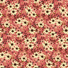Fototapeta premium Seamless floral pattern, romantic ditsy print with liberty flower field in delicate colors. Cute flower design with small hand drawn flowers, leaves on a soft pink background. Vector illustration.