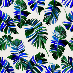 modern pattern with blue tropical leaves on white background, blue and dark green palm branches, backdrop for your banner, trendy texture with natural ornament