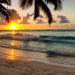 sunset on the beach with some clouds and turquoise water, waves in the ocean