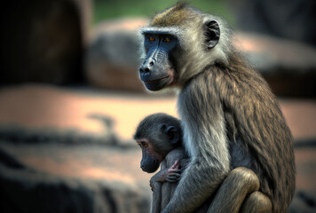 Mother baboon with her young on her back in selective focus. Generative AI