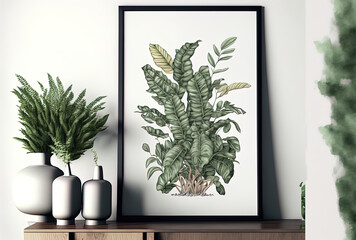 Against a light gray wall, Dollar Tree or Zamioculcas zamiifolia Interior design inspiration from Zanzibar for your house and workplace, vertical frame. Generative AI