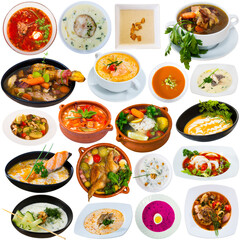 Collection of various soup courses isolated on white background..