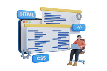 Website programming and coding. Web development and coding. 3D illustration of web Development, programming, and coding. 3d rendering
