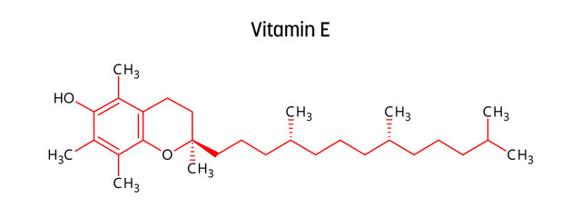 Vitamin E molecular structure. Vitamin E is a fat-soluble, essential nutrient with anti-inflammatory properties. Vector structural formula of chemical compound with red bonds and black atom labels.