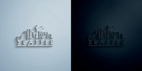 Linear seattle city silhouette with typographic paper icon with shadow vector illustration