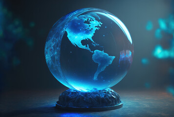 On a hazy background, an abstract bright broad blue metaverse globe hologram is seen. Generative AI
