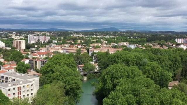 Beautiful aerial view over the river le Lez Montpellier mountain Pic Saint Loup in background 