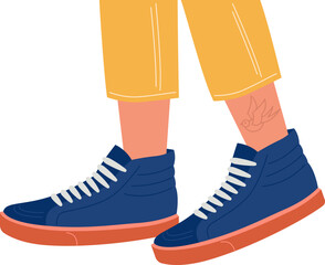Trendy blue sneakers on leg flat icon