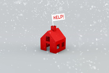 A red house in snow with a Help! flag flying from the chimney, indicating assistance is needed with the rising cost of living crisis, energy bills, food and fuel (Very high-resolution files)