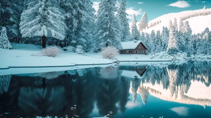 Fotobehang Winter holiday landscape. Сhristmas holiday. Cottage in the mountains. Fantastic winter forest landscape, mountains, lake house. Digital art  © Viks_jin