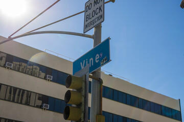 a street sign that reads “Vine” with a traffic signal in front of a building with black windows...