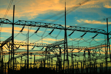 High voltage power grid, in the sunset