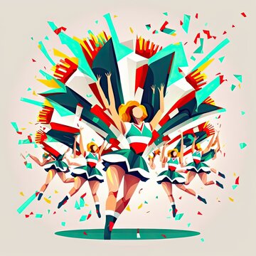 Cheerleader Girls, Cheerleading Teams, Cheerleader Girls With Pompoms. Dancing To Support Football Team During Competition, High School Cheerleading, Flat Illustration Design