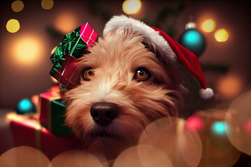 Christmassy illustration portrait of a cute dog beneath a chrismtas gift in front of a bokeh background. Content is created with generative ai