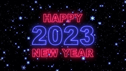 happy 2023 new year neon lights on dark background, shiny and glowing snow flakes, falling Christmas snow background