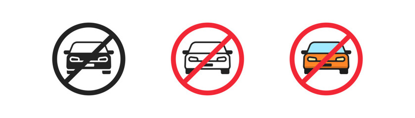No car outline icon. Forbidden car sign. No car allowed. Ban, no entry, no parking symbol. Vehicle prohibition symbol. Simple flat design.