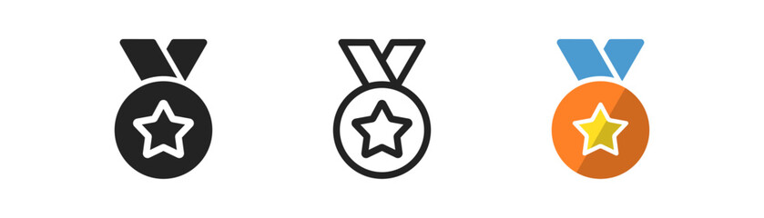 Gold medal with ribbon outline icon. First place sign. Achievement symbol. Award concept. Simple flat design.