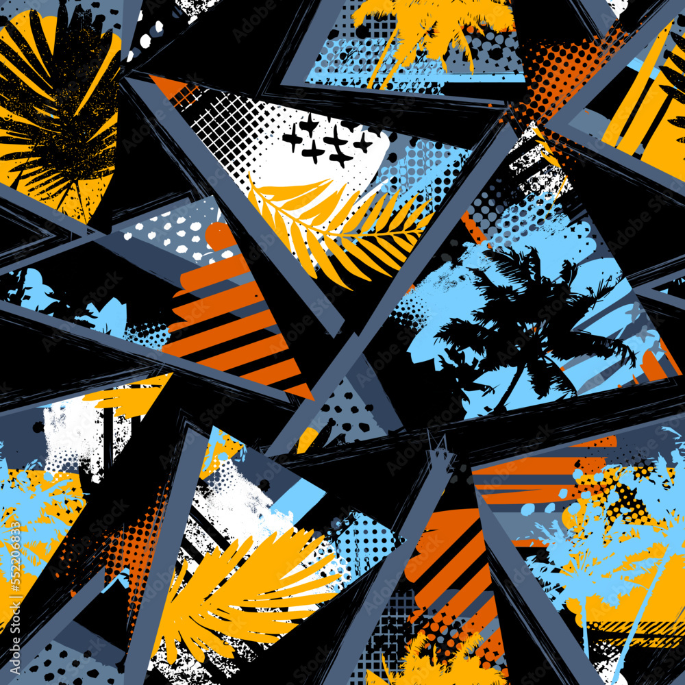 Poster abstract seamless chaotic pattern with urban geometric elements, palms and triangle. grunge neon tex