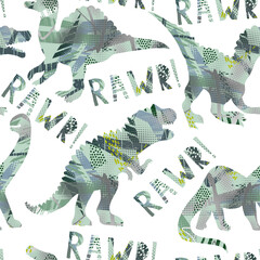 Grunge seamless pattern with dinosaur on white background. Print for boys © artlavi_design