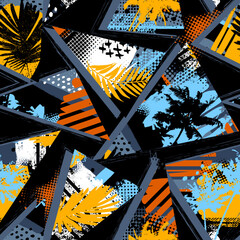 Abstract seamless chaotic pattern with urban geometric elements, palms and triangle. Grunge neon texture background.