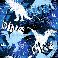 Grunge seamless pattern with dinosaur on dark background. Print for boys © artlavi_design
