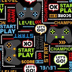 Seamless abstract pattern in pixel game style for boys.  Print for textiles and fabric © artlavi_design