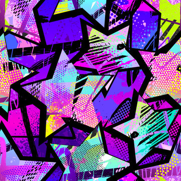 Abstract seamless chaotic pattern with urban geometric elements, scuffed, drops, stars and sprays. Grunge neon texture background. Wallpaper for teen girls. Fashion sport style