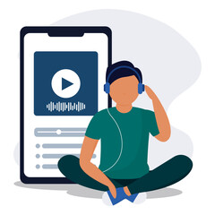 Male character listening to music on cellphone Vector