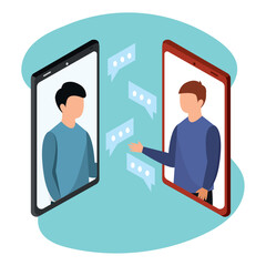 Pair of male characters interacting trought cellphones Vector