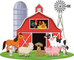 Cartoon farm animals in the barnyard
