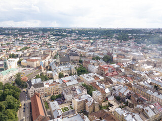Obraz premium Ukraine, Lviv city center, old architecture, drone photo, bird's eye view.
