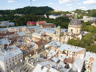 Fototapeta na wymiar Ukraine, Lviv city center, old architecture, drone photo, bird's eye view.