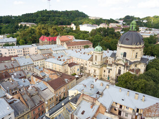 Ukraine, Lviv city center, old architecture, drone photo, bird's eye view.