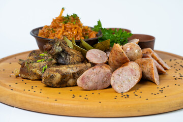 sliced ham meat sausages on the festive table