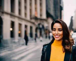 a woman in a yellow turtle neck sweater and black jacket standing on a city street with a building in the background made with generative ai